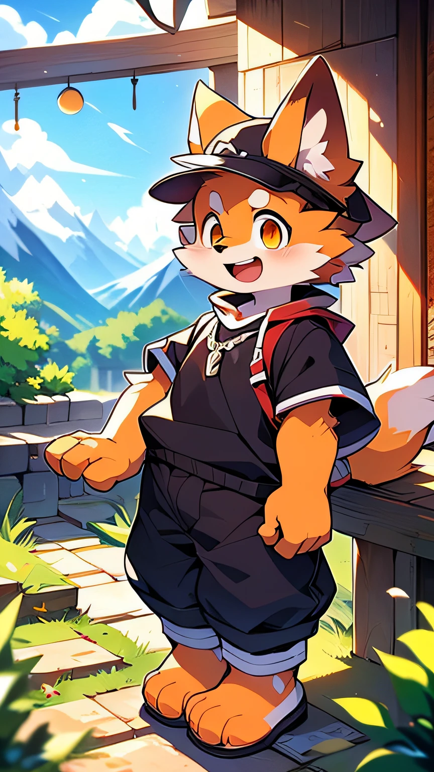 (masterpiece),detailed background,(full body:1.1),ultra cute face,dog boy,orange fur,solo,no tail,eyesgod,orange eyes,light eyes,orange clock,look at mountain,laugh,happy,underpant,no tail