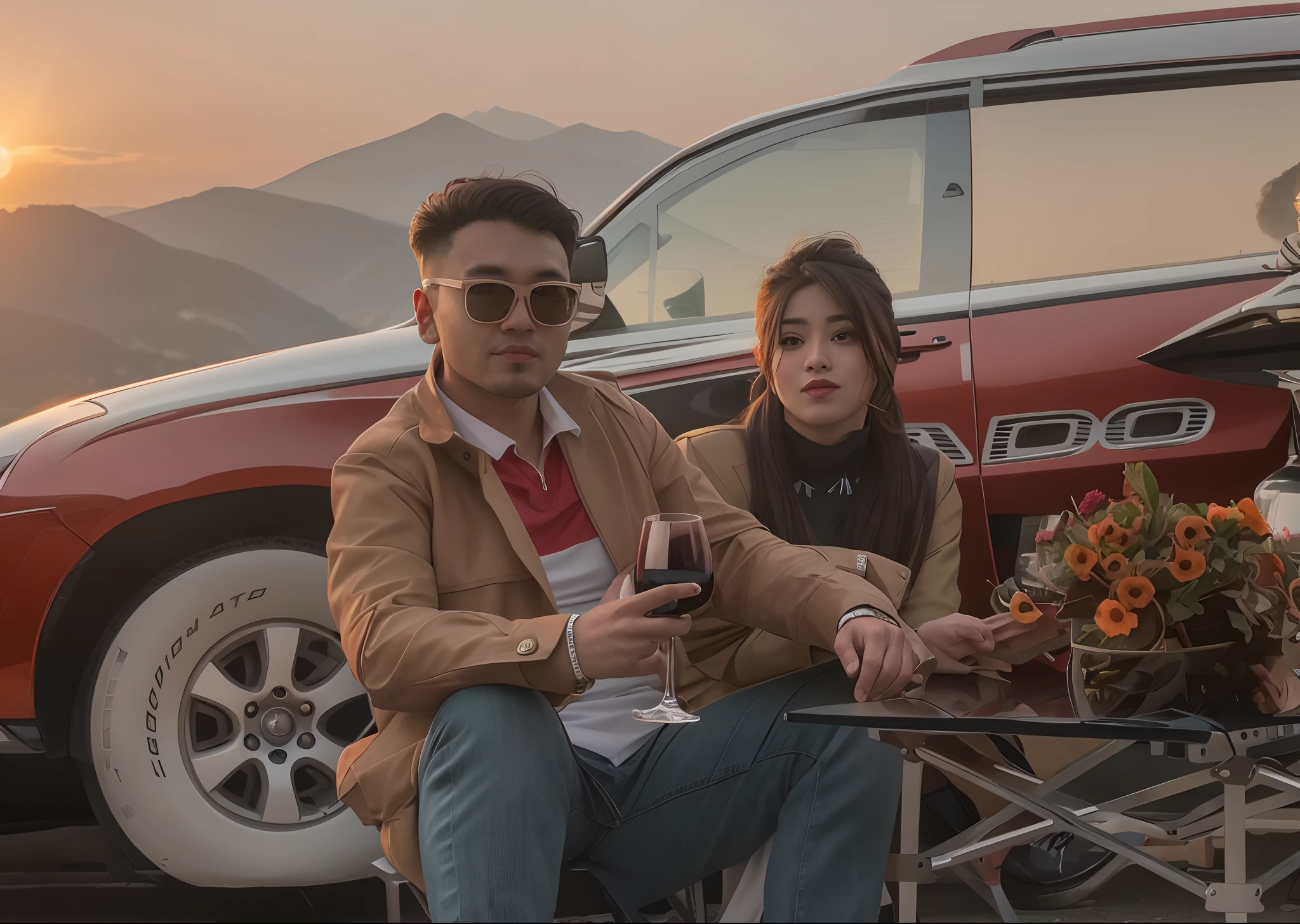 Two people sat in chairs drinking a glass of wine, With sunset, very very low quality picture, ash thorp khyzyl saleem, with the mountains in the background, cute couple, candid picture, hoang long ly, khyzyl saleem, with a sunset, Profile picture, Profile image, In the sunset, with the mountains in the background