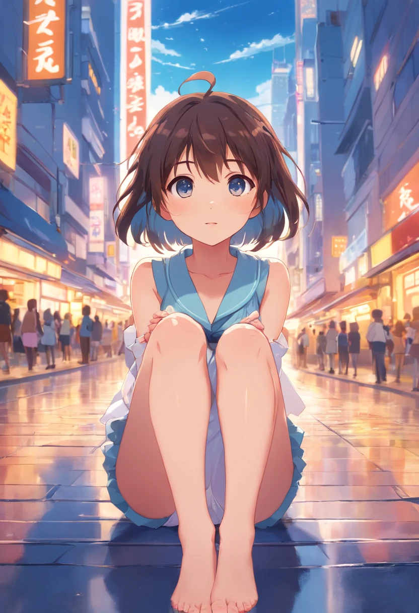 a cute loli，Barefoot，Tummy down，Look up at your head，raise her legs，shift dresses，white  panties，largeeyes，Cute faces in anime，looking at book，Wet