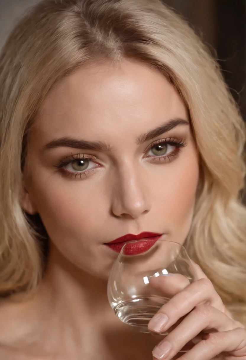 Blonde killer face woman with a glass with poison in her hands posing for a photo, beleza de cair o queixo, beleza de cair o queixo, rosto e corpo atraentes, mulher atraente, uma loira linda, loira bonita, lovely woman, mulher linda, linda mulher bonita, mulher loira bonita