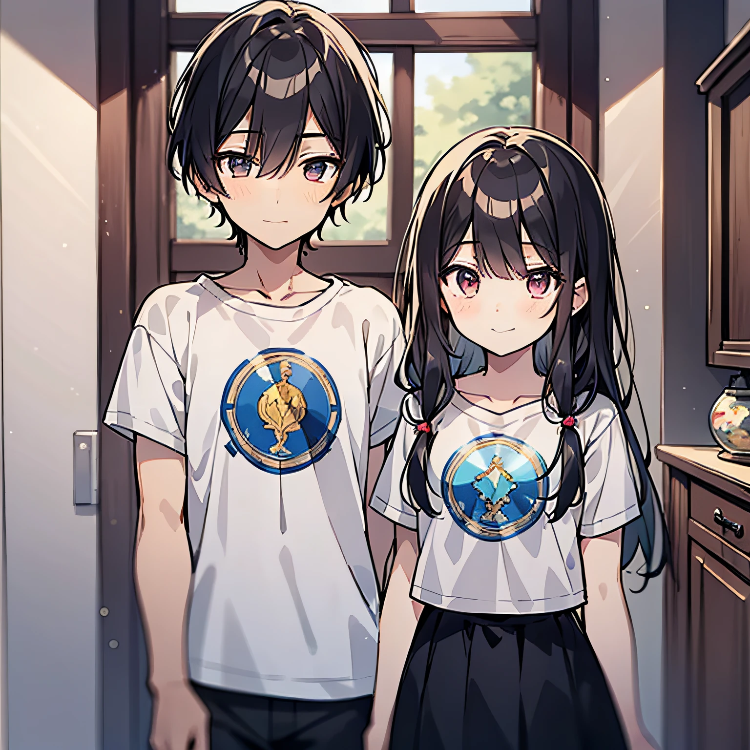 A pair of young children's siblings,Black hair 1.5,Wearing a white top1.5,The two stood side by side in the girls' room(smile1.5)(The background is in the room in the village:1.5),Anime style 4K,Anime rendering,style of anime,8K fineness,(Upper body display:1.5)(Cinematic lighting:1.ung children)(Brother and sister 1.5)Boy 1.5