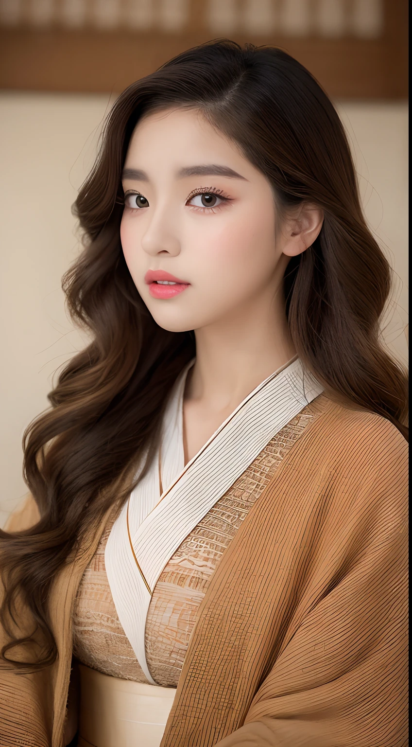 one Mexican  model , hair model, Unique curly hair details, kimono fashion, Near future , double eyelid, plump lips, beautiful detailed eyes, professional makeup