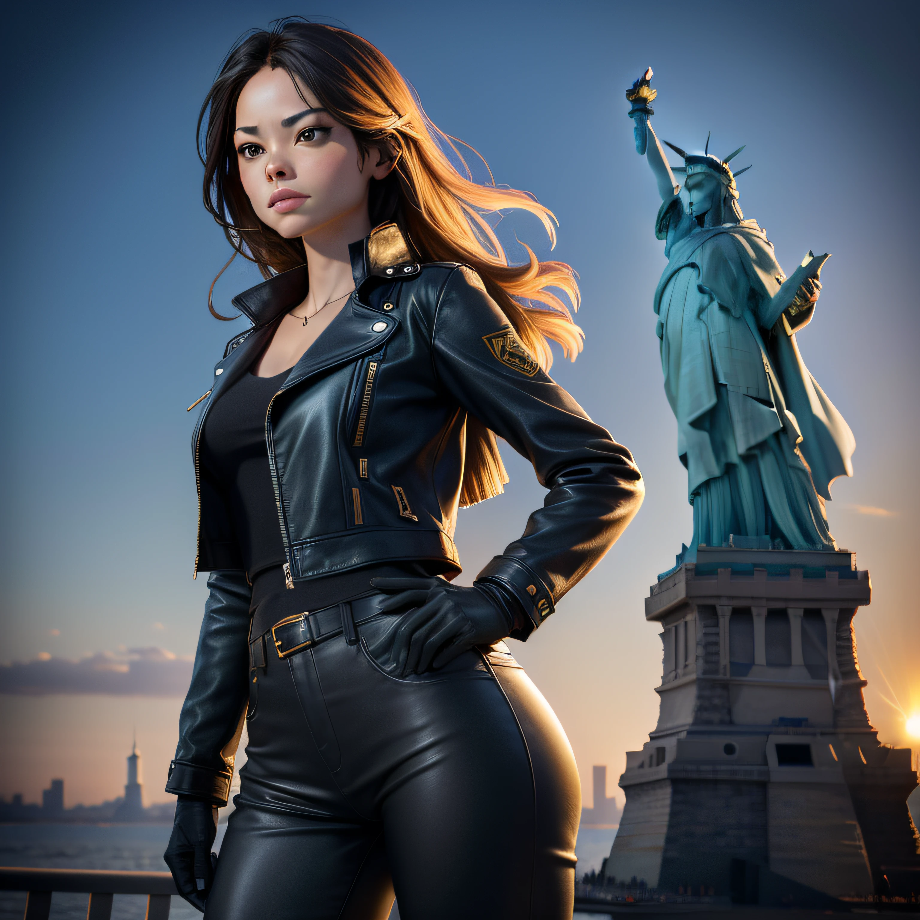 1Kristin Kreuk en queue de cheval. Yellow leather jacket et pantalon de cuir noir, looking at 1Statue of Liberty on Liberty Island in the background. Kinematic lighting. very large view to see a lot of the background. golden ratio.