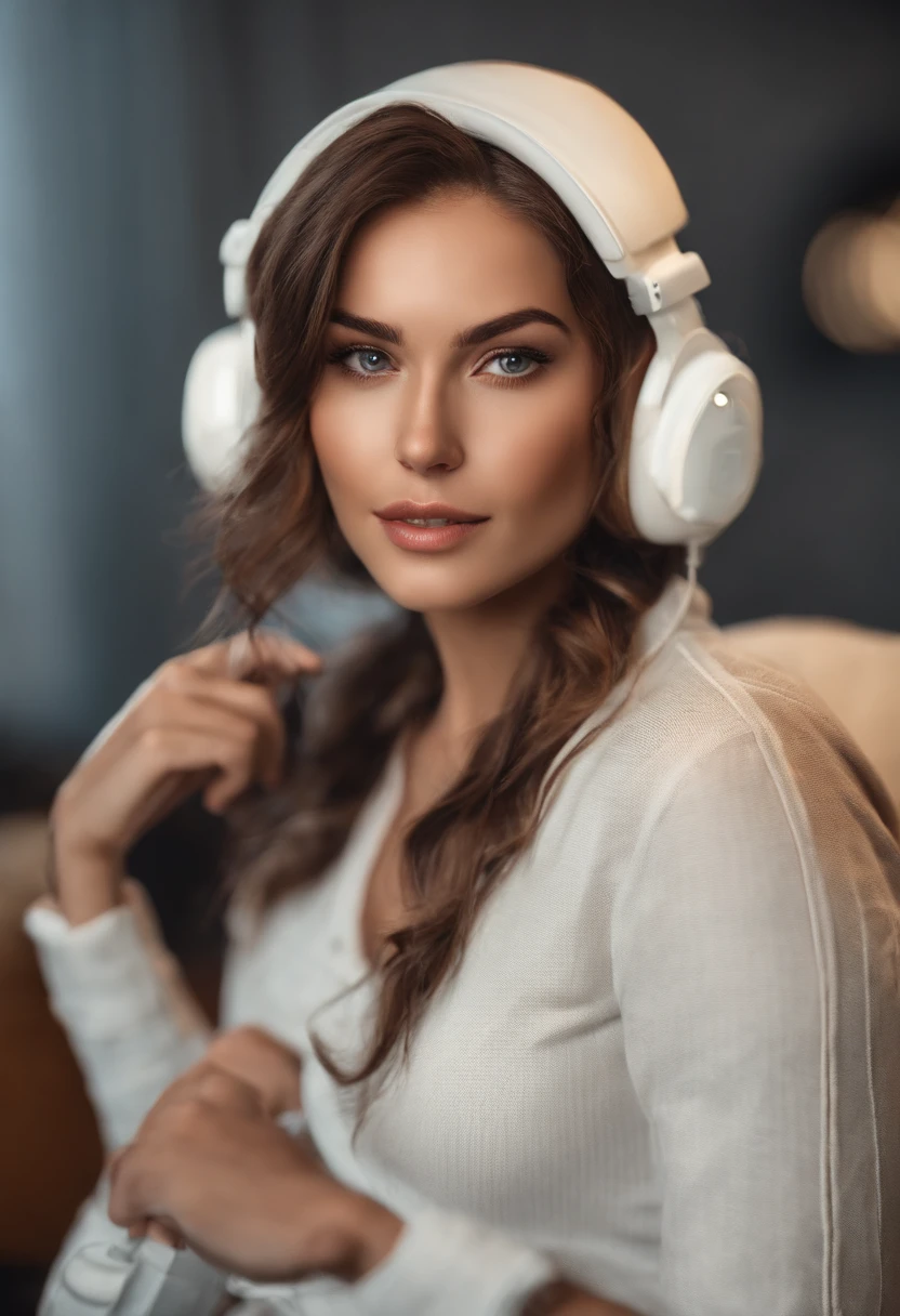 a woman in a leather jacket and headphones posing for a photo, black leather bra, sexy girl, she wears leather jacket, sexy :8, sexy look, cute seductive smile, with a seductive smile, sie boob, violet myers, black bra, sexy style, seductive smile, portrait sophie mudd, dressed in short leather jacket, anna nikonova aka newmilky
