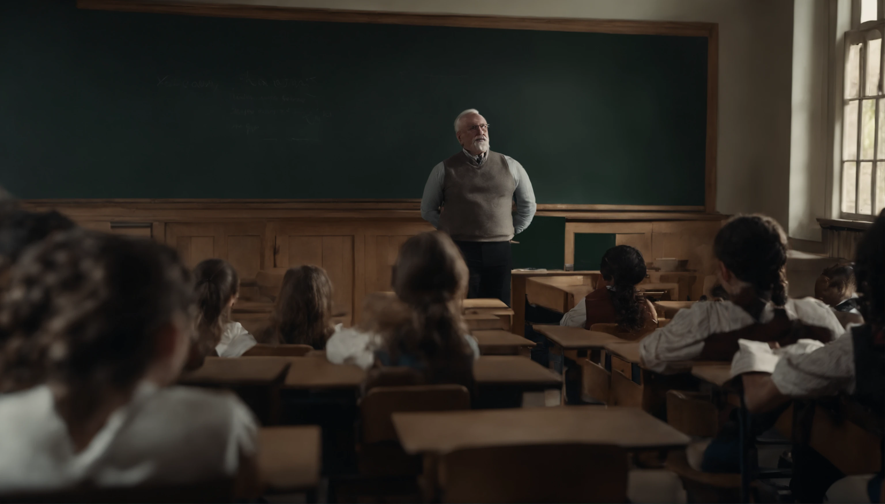 photo of old classroom, ((old teacher)), teaching in front of classroom full of students, black board, chalk, many students, inland, calm vibe,