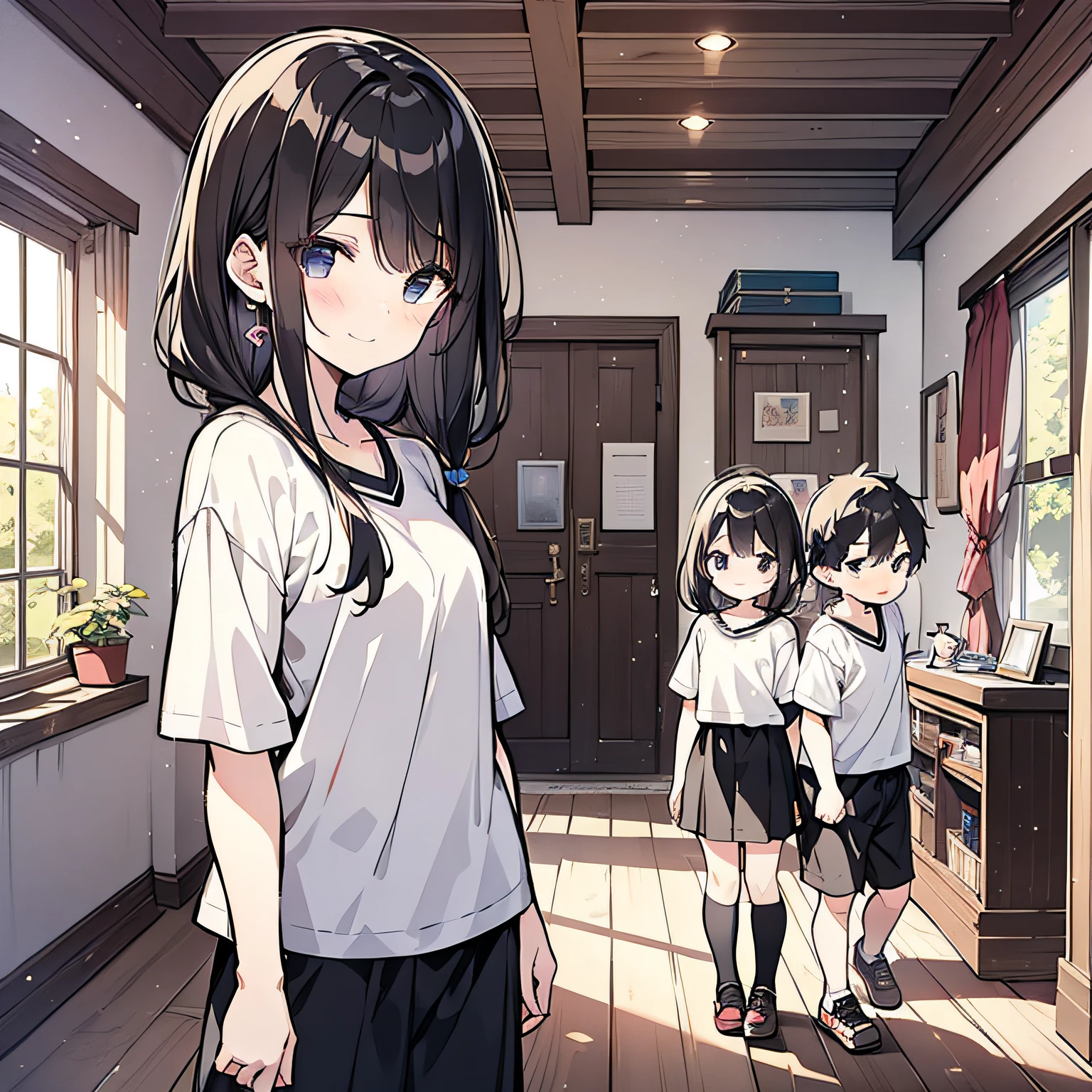 A pair of 's siblings,Black hair 1.5,Wearing a white top1.5,The two stood side by side in the girls' room(smile1.5)(The background is in the room in the village:1.5),Anime style 4K,Anime rendering,style of anime,8K fineness,(Upper body display:1.5)(Cinematic lighting:1.5)(Young childrensister 1.5)Boy 1.5
