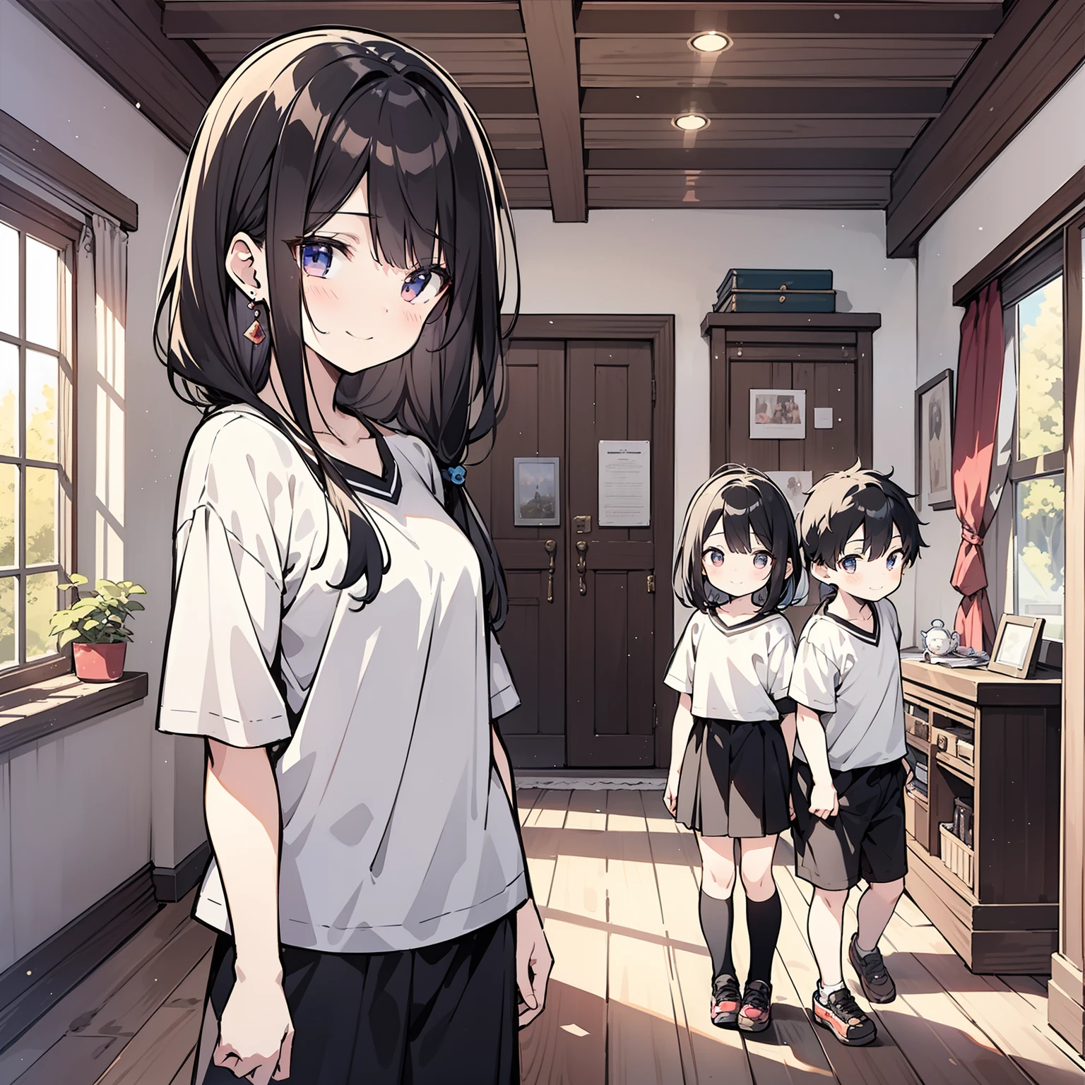 A pair of young children's siblings,Black hair 1.5,Wearing a white top1.5,The two stood side by side in the girls' room(smile1.5)(The background is in the room in the village:1.5),Anime style 4K,Anime rendering,style of anime,8K fineness,(Upper body display:1.5)(Cinematic lighting:1.5)(Young children)(Brother and sister 1.5)Boy 1.5