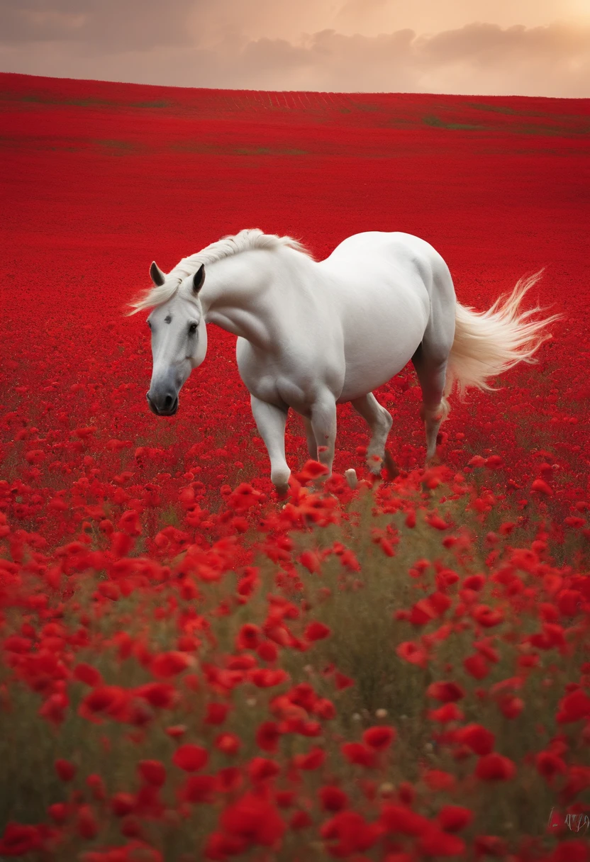 a white unicorn walking through an red field of poppies ,animated gifs