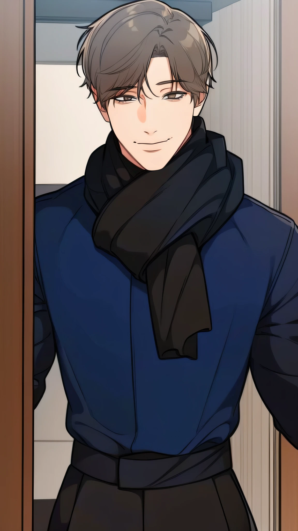 (high quality , 4K, high res, detailed, masterpiece ) solo guy, 1boy, brown hair, solo, smile, short hair, male focus, scarf, coat, looking to the side, black scarf, 1boy, closed mouth, upper body, handsome face, smile , full body, black pants, black shoes, detailed face, smile,
