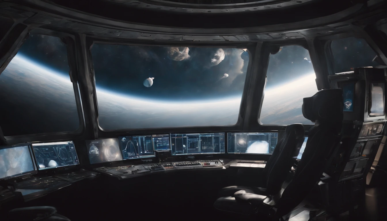 La apariencia de la nave espacial. From the window you can see the landscape of the alien planet, The entire space is filled with work consoles with electronics and screens, Full HD