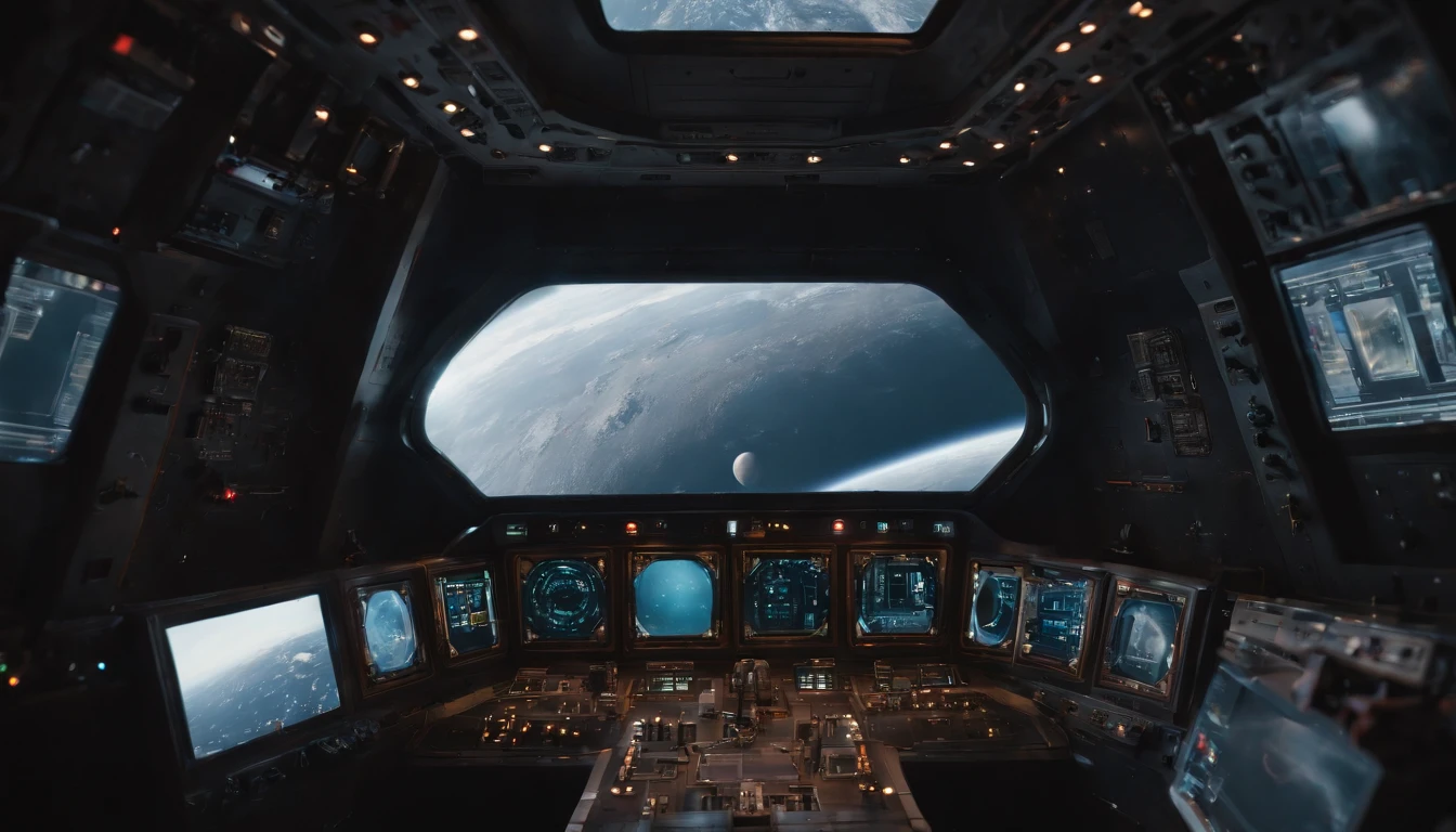La apariencia de la nave espacial. From the window you can see the landscape of the alien planet, The entire space is filled with work consoles with electronics and screens, Full HD
