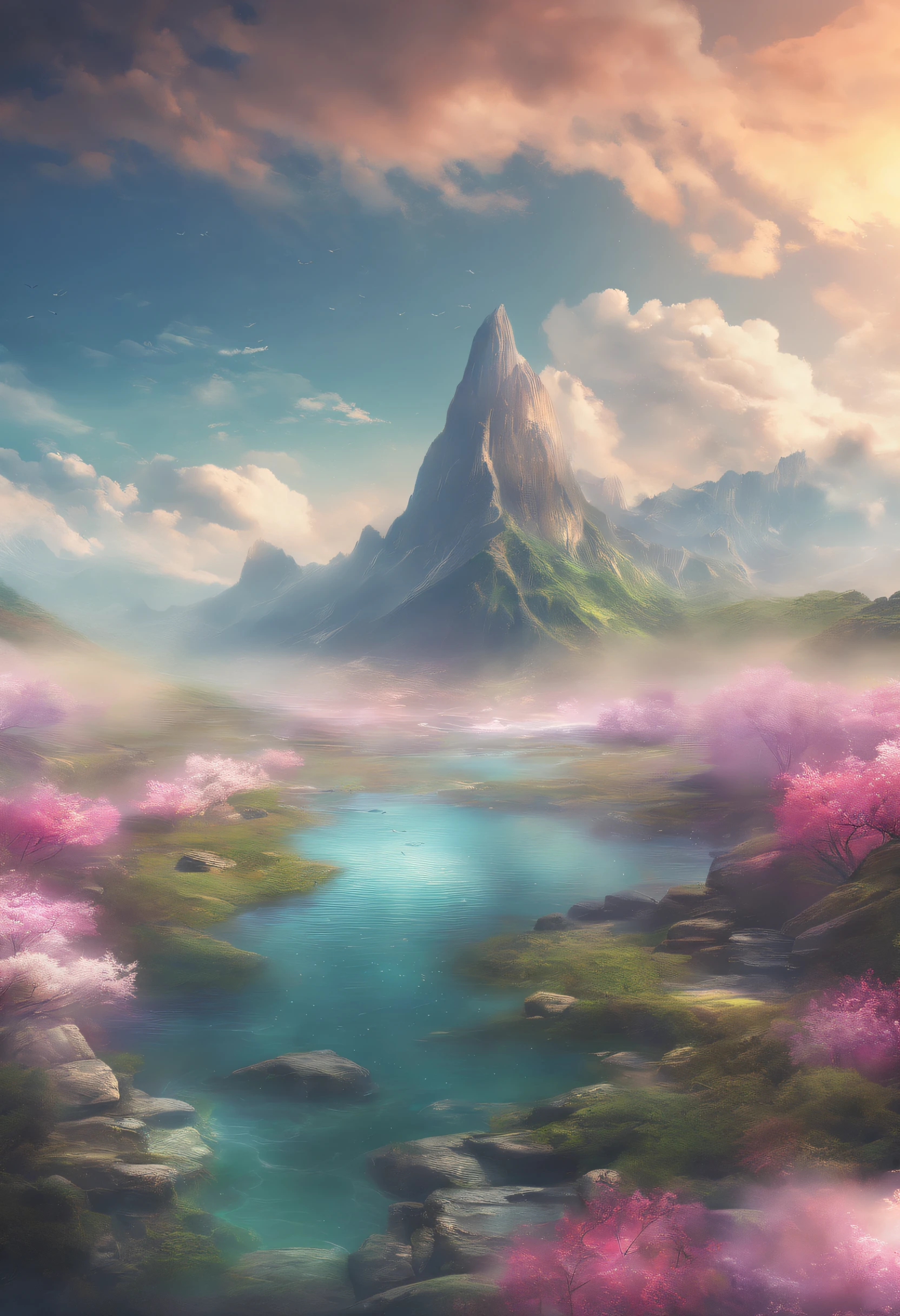 (best quality,4k,8k,highres,masterpiece:1.2),ultra-detailed,(realistic,photorealistic,photo-realistic:1.37),sky,Illustration,water color,clouds,soft brush strokes,vibrant colors,dreamy atmosphere,sunlight filtering through the clouds,subtle water reflections,lush greenery,peaceful scene,serene mood,distant mountains,mystical touch,calmness,beauty,nature,surreal,captivating.