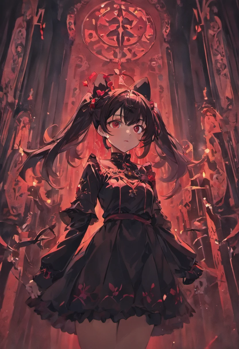 Expressionless,,(Dark Fantasy),((Wonderful Illustration)),(Detail Splash), long black hair, red pupils, girl, pure black dress, only the collar, cuffs and skirt are dark red, ears Pinned to the side is a red butterfly barrette, masterpiece, best quality, high quality, headpiece,, red and black crystal necklace, black knee socks