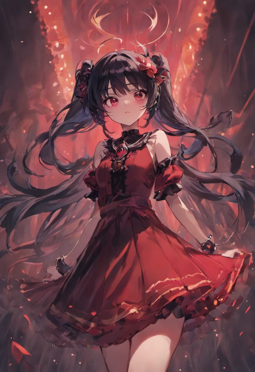 Expressionless,,(Dark Fantasy),((Wonderful Illustration)),(Detail Splash), long black hair, red pupils, girl, pure black dress, only the collar, cuffs and skirt are dark red, ears Pinned to the side is a red butterfly barrette, masterpiece, best quality, high quality, headpiece,, red and black crystal necklace, black knee socks