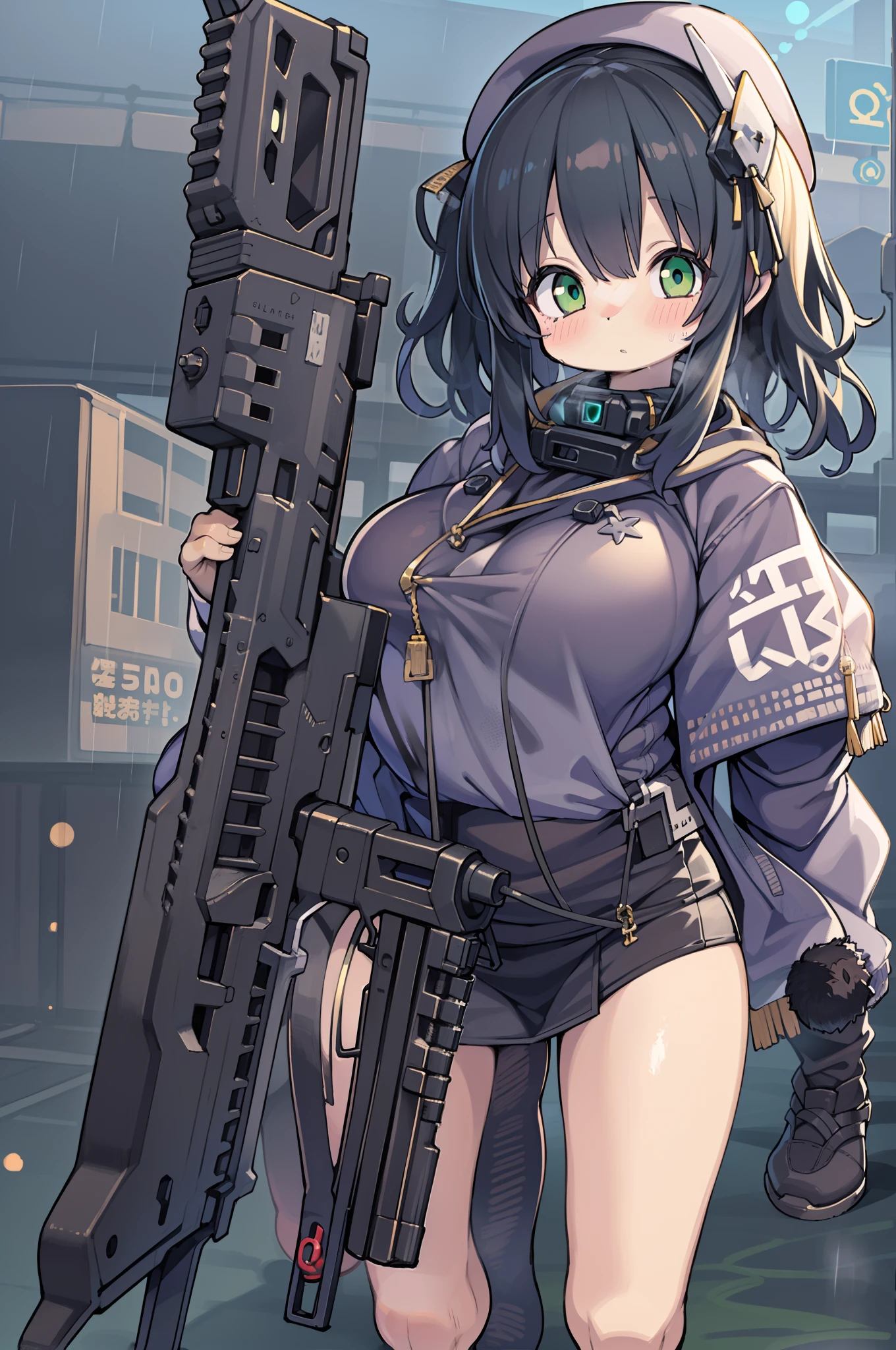 (((Huge assault rifle)))、Long sideburns、Anime-style girl with beautiful whole body, ,clean detailed faces, ciber,analogous colors, Glowing shadows, beautiful gradients, depth of fields, CLEAN IMAGE, High quality,Black Parker Clothing、 high detailing, High Definition, blush, Fit, Heavenly Beauty, Very detailed, Soft lighting, Full body,Green＆Black hair,Green eyes、Overhead view、look down from above、Squatting、In heavy rain、Wide Shot、Very Wide Shot、huge-breasted、