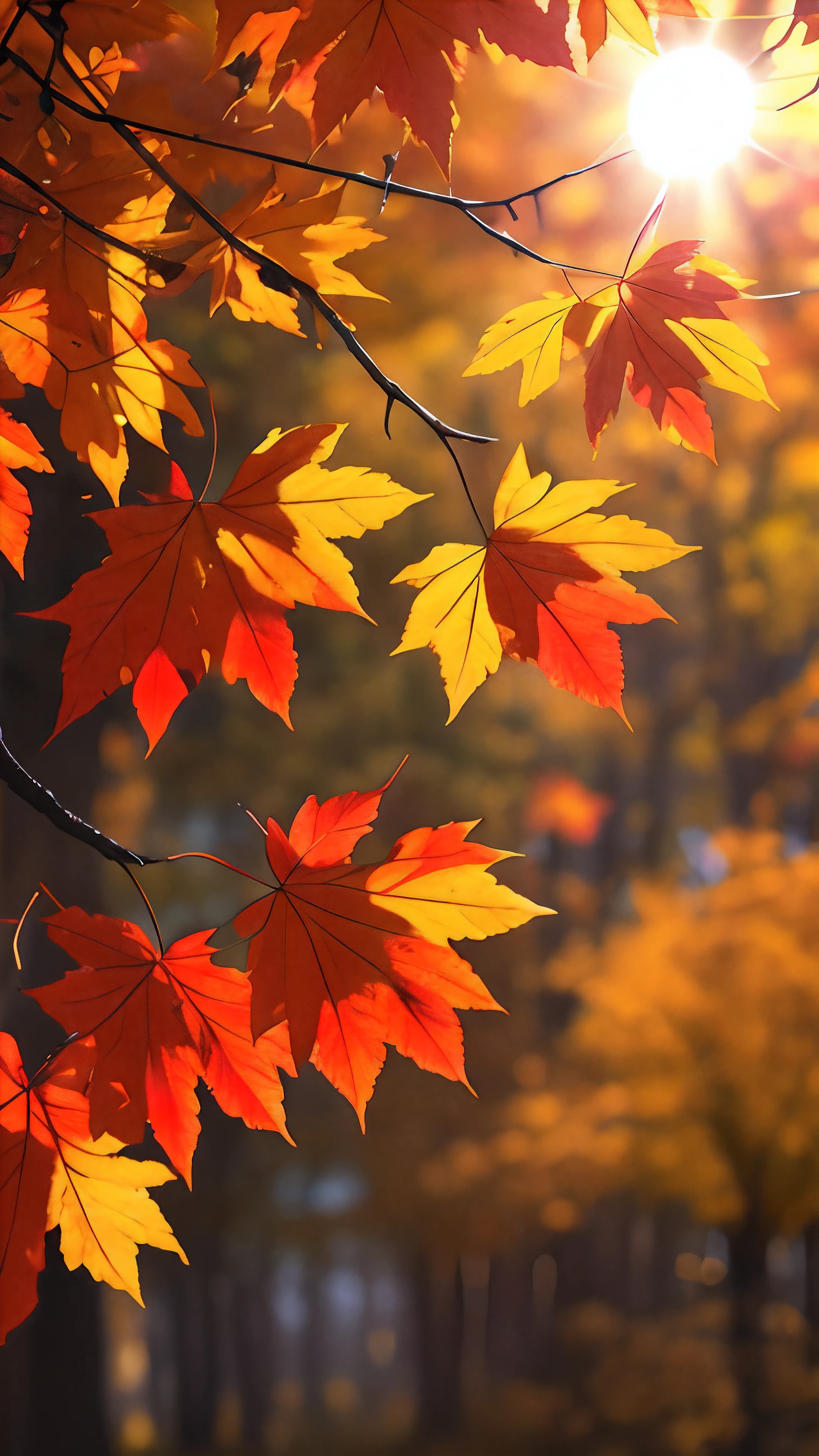 Autumn evening,Branches in the sun,Hang sunlight on the leaves,photorealestic,natural soft light,hyper-detailing,4k