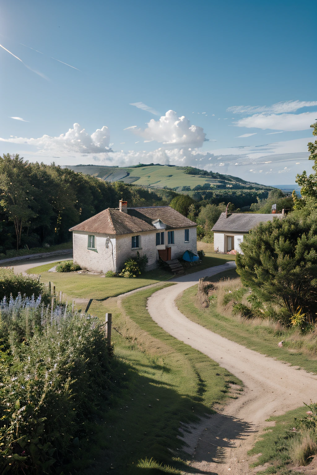 (retouched:1.6), photo of house in lonely village (on hill), on an island