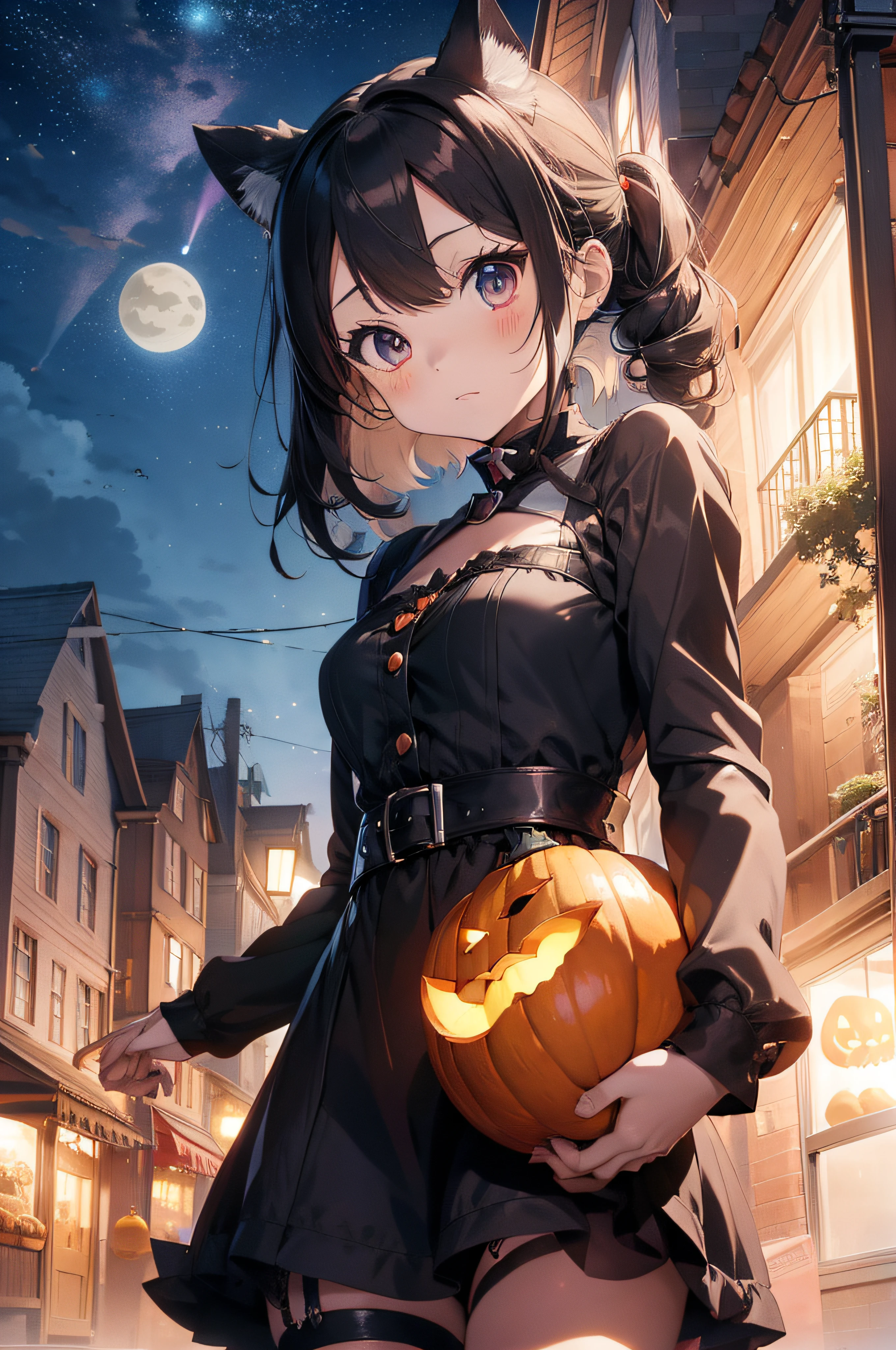 (masutepiece, Absurd quality, of the highest quality, Official art, Beautiful and aesthetic: 1.2), (One Woman: 1.4), Highly detailed, (Fractal Art: 1.3), lean forward and lift the skirt, Miniskirt, cleavage, Halloween、Halloween Venues、Detailed landscapes、Landscape Writing、Halloween costumes、 Cute illustration, Absurd solution, Ultra-detailed, Best Quality,