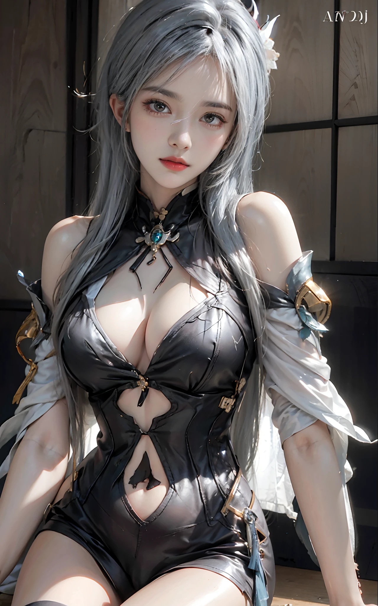 photorealistic, high resolution, soft light,1women, solo, hips up, (detailed face),tattoo, jewelry, shiny hair, long hair,hair_ornament,hair_between_eyes, long_hair, (silver_hair:1.2),bangs, genshin impact, shenhe \(genshin impact\), Shenhe \(genshin impact\), grass field, mountains background, Shenhe, character \(series\)