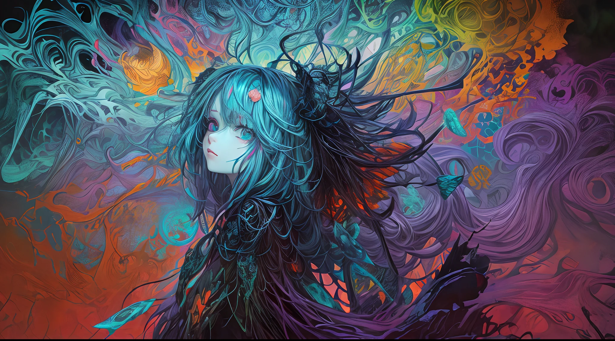 low saturated bright paste pastel coloring illustration, Imagine the background to be in an overall mandala shape a grotesque tableau of discordant chaos, a surreal fusion of jagged lines, blistering colors, and eerie textures. A young woman with bioluminescent long hair and blunt abngs infront of it facing sideways.