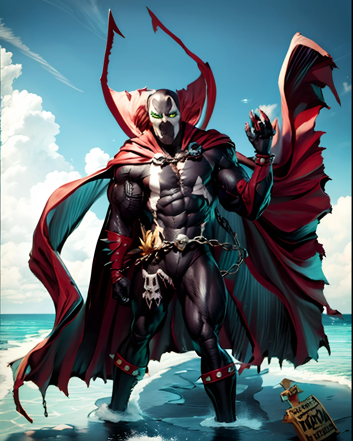 masterpiece, high detailed images, high quality images, um desenho realista do Spawn, soldado do Inferno andando em um esgoto com uma capa vermelha, feet in the water, corpo negro, olhos verdes brilhantes, correntes, inspirado em Todd McFarlane, inspirado por Hal Foster, personagem de fantasia complexa, desenho realista de quadrinhos, inspirado por Greg Capullo, Estilo arzach de quadrinhos, Spawn, Fantastic Art, horror genre, 8k