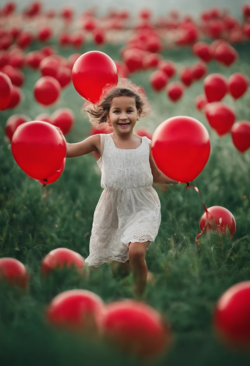 Por favor, Create images of children jumping for joy with red balloons, blacks and greens in the hands. O fundo deve ser uma paisagem ensolarada e desfocada.