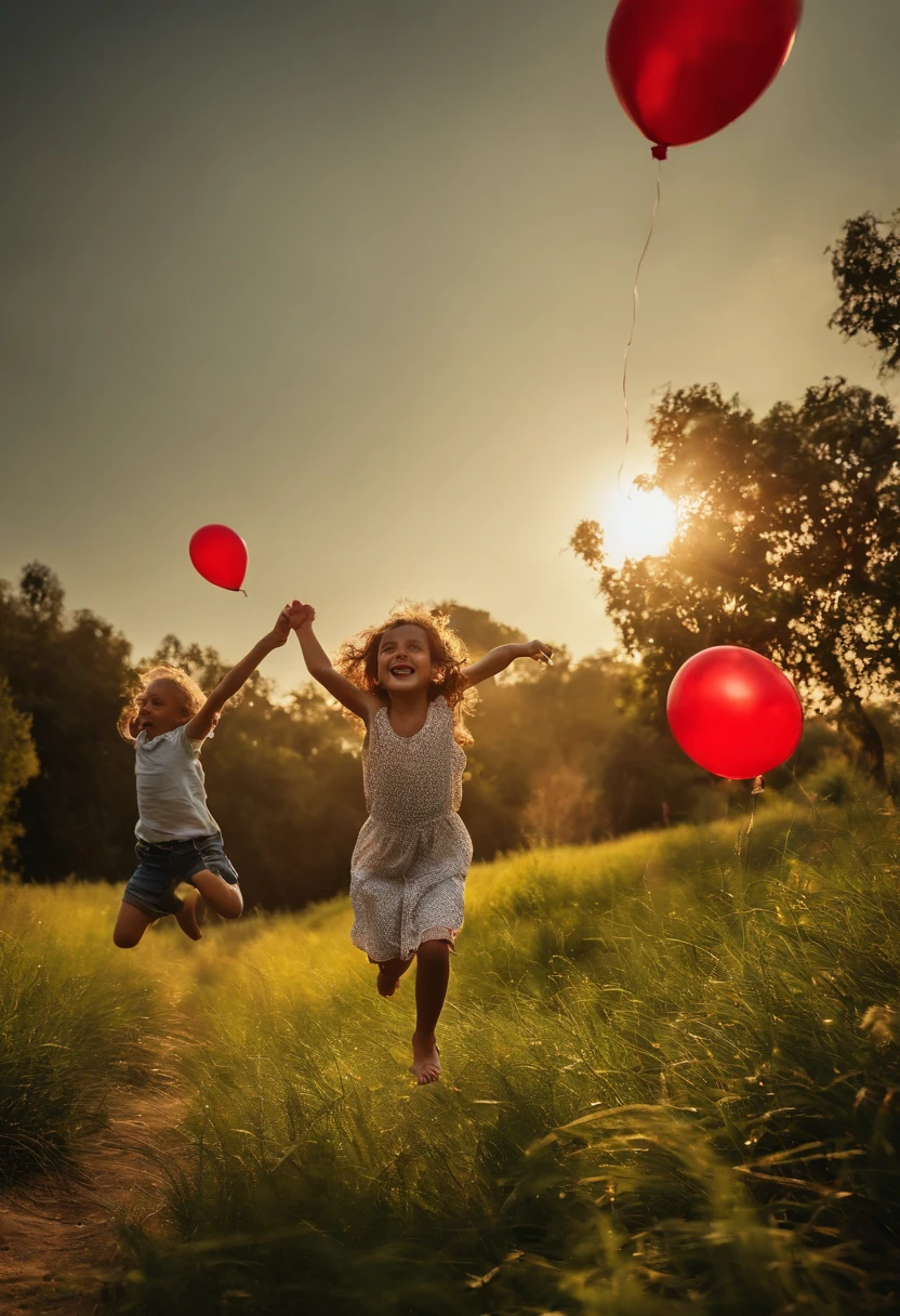 Por favor, Create images of children jumping for joy with red balloons, blacks and greens in the hands. O fundo deve ser uma paisagem ensolarada e desfocada.