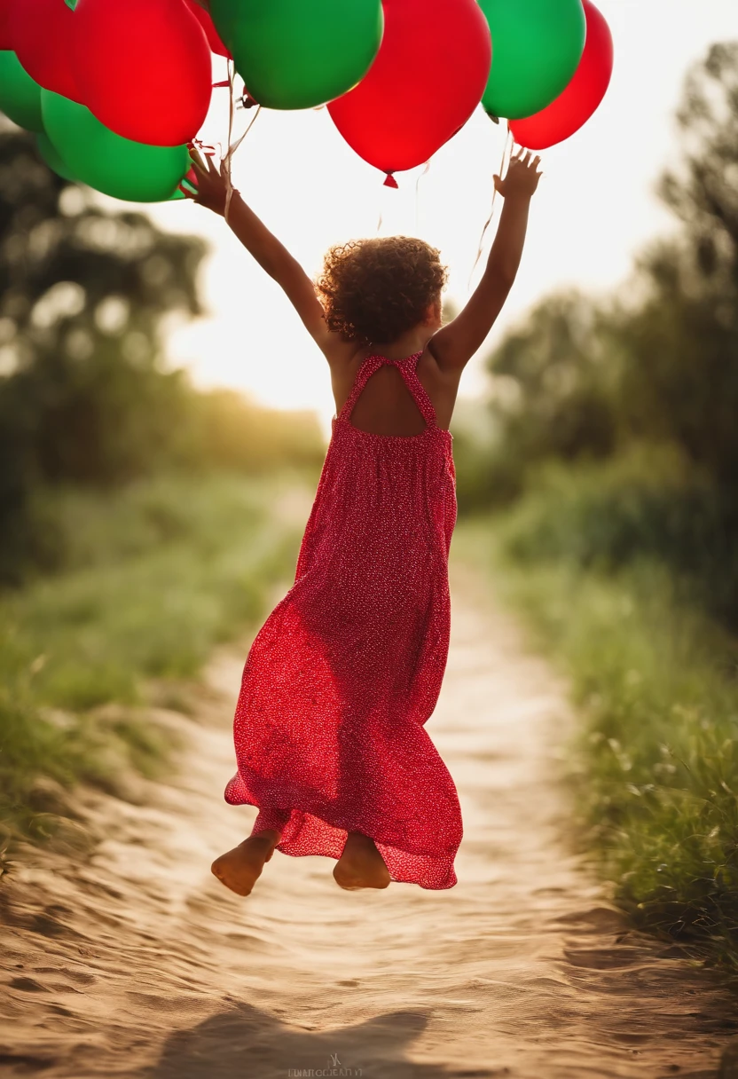 Por favor, Create images of children jumping for joy with red balloons, blacks and greens in the hands. O fundo deve ser uma paisagem ensolarada e desfocada.