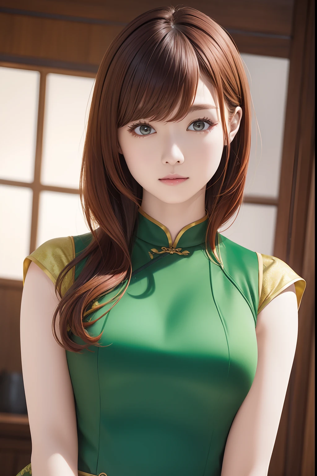 The upper part of the body、an oil painting、​masterpiece、top-quality、hight resolution、Redhead medium hair、bustshot、Light perm、Green cheongsam、shortsleeves、Stunned expression、Shrugging
