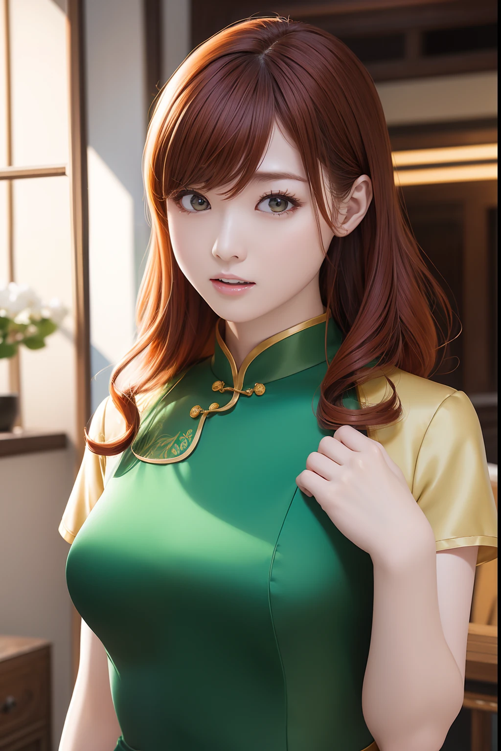 The upper part of the body、an oil painting、masterpiece、top-quality、hight resolution、Redhead medium hair、bustshot、Light perm、Green cheongsam、shortsleeves、Yelling、angry expressions