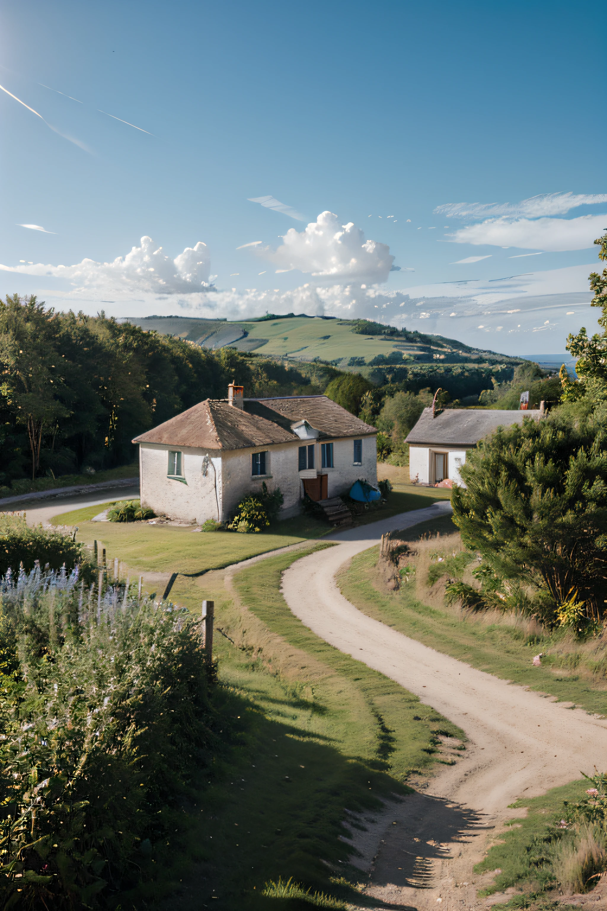 (retouched:1.6), photo of house in lonely village (on hill), on an island