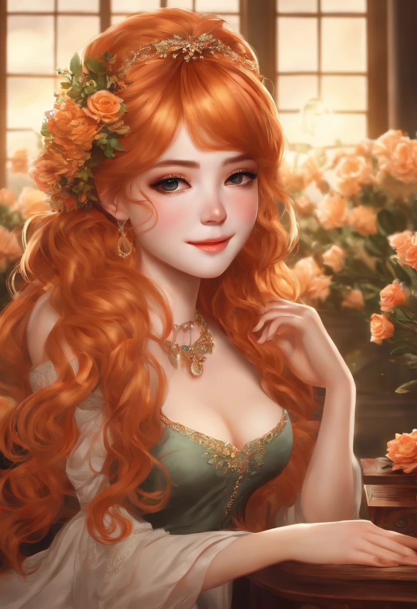 (masterpiece:1.4), (best quality:1.4), fantasy, extremely detailed, intricate, hyper detailed, illustration,soft lighting, 1girl, Orange hair_flower, dress, bend_over , grin, (perfect_face), sitting, desk, ornate, intricate, dramatic lighting, 4k, detailed_background, caustics, full_body, digital_illustration, from_side