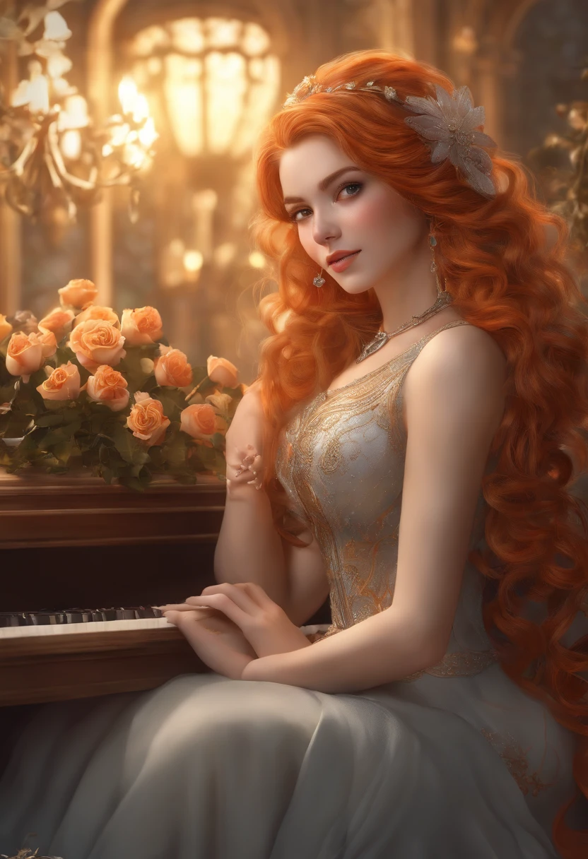(masterpiece:1.4), (best quality:1.4), fantasy, extremely detailed, intricate, hyper detailed, illustration,soft lighting, 1girl, Orange hair_flower, dress, bend_over , grin, (perfect_face), sitting, desk, ornate, intricate, dramatic lighting, 4k, detailed_background, caustics, full_body, digital_illustration, from_side