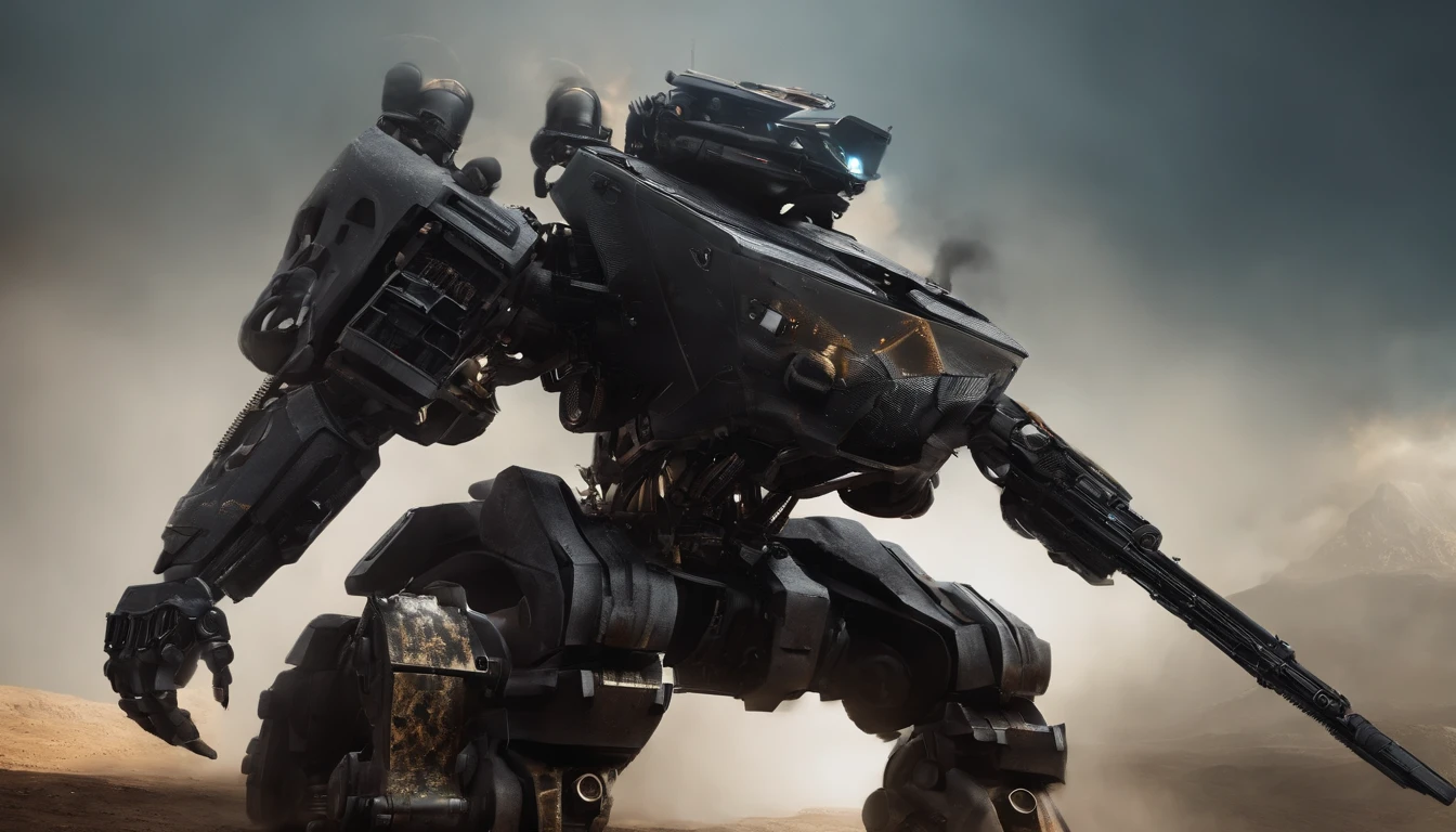 A huge robot with a mask similar to Jason's, has a scorpion tail on its head, It has a metallic black and white color, holding a machine gun with his right arm,It has tank wheels on the feet
