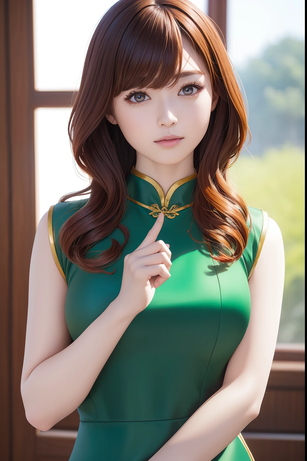 The upper part of the body、an oil painting、masterpiece、top-quality、hight resolution、Redhead medium hair、bustshot、Light perm、Green cheongsam、shortsleeves、Straight face、Normal look、Luxury cheongsam