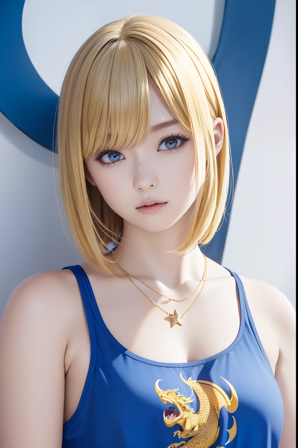 The upper part of the body、an oil painting、masterpiece、top-quality、hight resolution、Blonde Bob Hair、Golden hair、Blue tank top、bustshot、The letters on the shirt are(drak)、surprised expression、Stunned、Dragon printed on shirt、The dragon is depicted on the chest of the clothes、Star-shaped necklace、