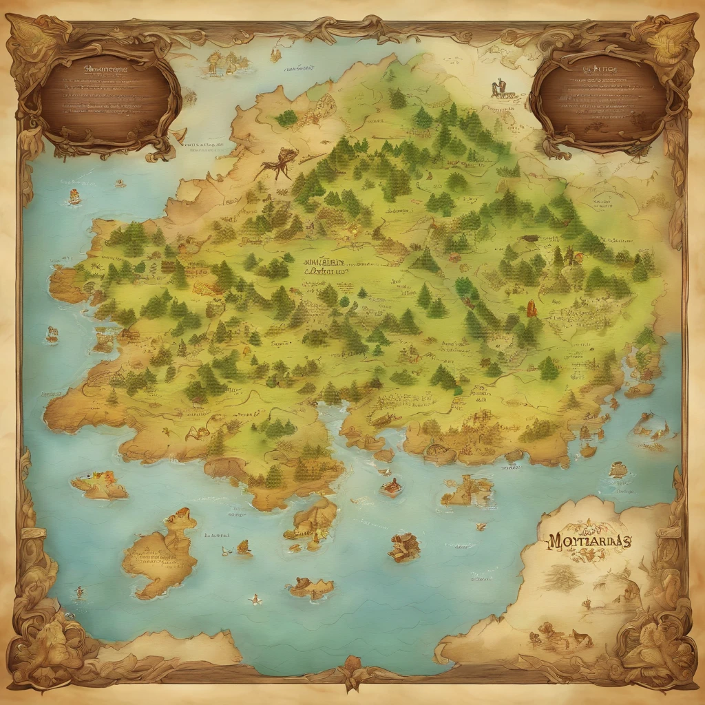 world map、Mapa do Outro Mundo、Mapa do Reino、Aventuras sobrenaturais、montanhas e rios、K HD |、meticuloso、desenho plano、Alastrando