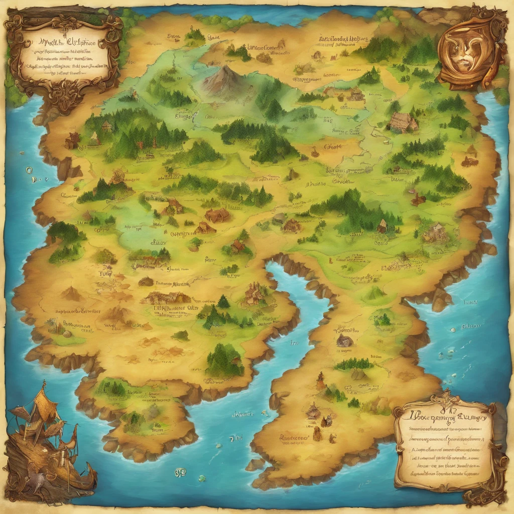 world map、Mapa do Outro Mundo、Mapa do Reino、Aventuras sobrenaturais、montanhas e rios、K HD |、meticuloso、desenho plano、Alastrando