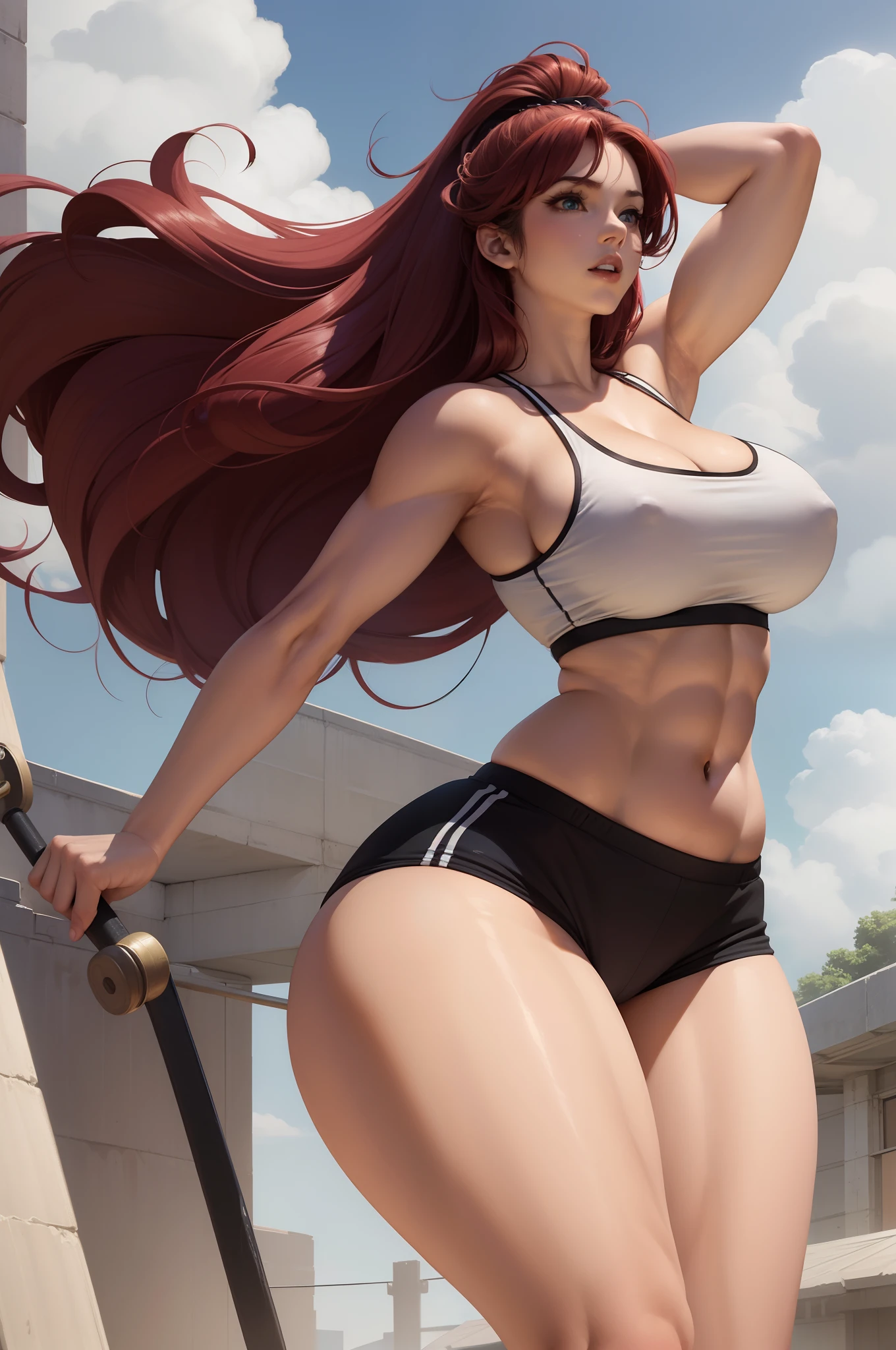 1girl, big chest, huge breasts, large breasts, gym shorts, curvilinear waist, thick thighs, muscular thighs, curvy body, juicy body, gigantic breasts, masssive breasts, muscle thighs, long hair, red hair, pale skinned female, hair tied, pov vision, blue eyes, young female, heavy breasts, full breasts, large ass, full thighs, full ass, gym top, voluptuous body, voluptuous female, abs, body focus, stretching to exercise, huge chest, large chest, large butt, large thighs, stretching her body, lifting her ass, high waisted shorts, pantie edge, bra edge visible