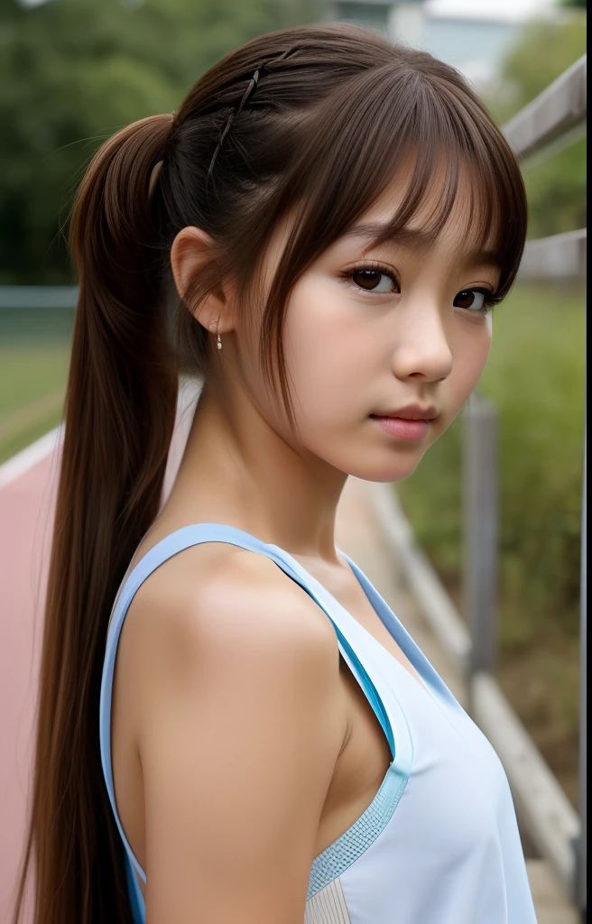 (masterpiece:1.3), (8K, Photorealsitic, Raw photography, Top image quality: 1.4), Russian girls、Standard body shape:1.3、(Random hairstyles:1.2)、maikurobikini:1.2、Super Detail Face、Eye of Detail、二重まぶた、Super detail armpits、Lean forward to bring your chest closer、foco nítido:1.2、prety woman:1.4、light brown hair、top-quality、masterpiece、超A high resolution、(Photorealsitic:1.4)、Highly detailed and professional lighting smile、Background of the playground、Track and field athletes stretching、Tight white crop top、Light blue racing shorts、Shining sweat、a baby face、slender、poneyTail、serious facial expression、Waki-fetish