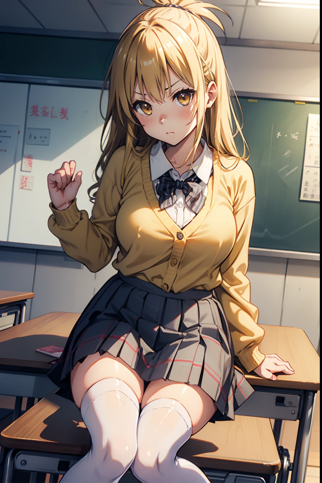 Yukimikan、Yellow hair、Colossal tits、angry looking face、White cardigan、Gingham Check Beige pleated skirt、White fishnet stockings、Black loafers、A slender、Put your hands on the desk sticking out the buttocks、School staff room