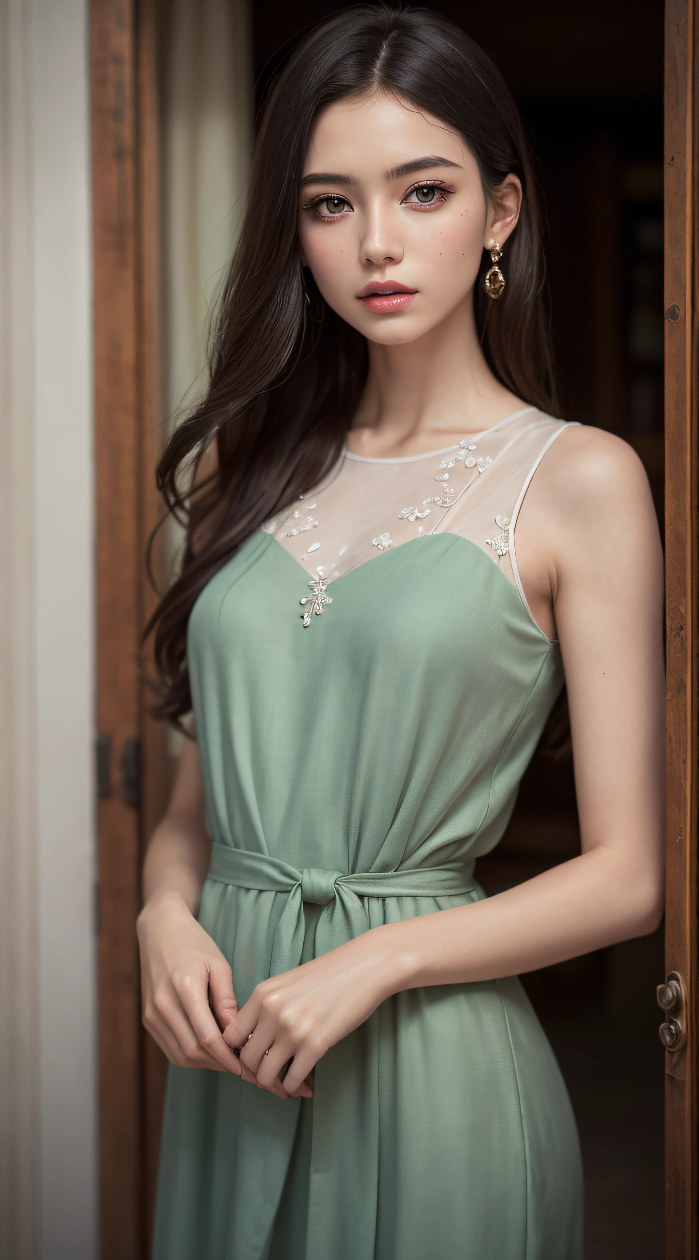 (8k, RAW photo, best quality, masterpiece:1.2), (realistic, photo-realistic:1.37),1girl, dress, green eyes, long hair, ultra detail cloth, beautiful decoration on dress,