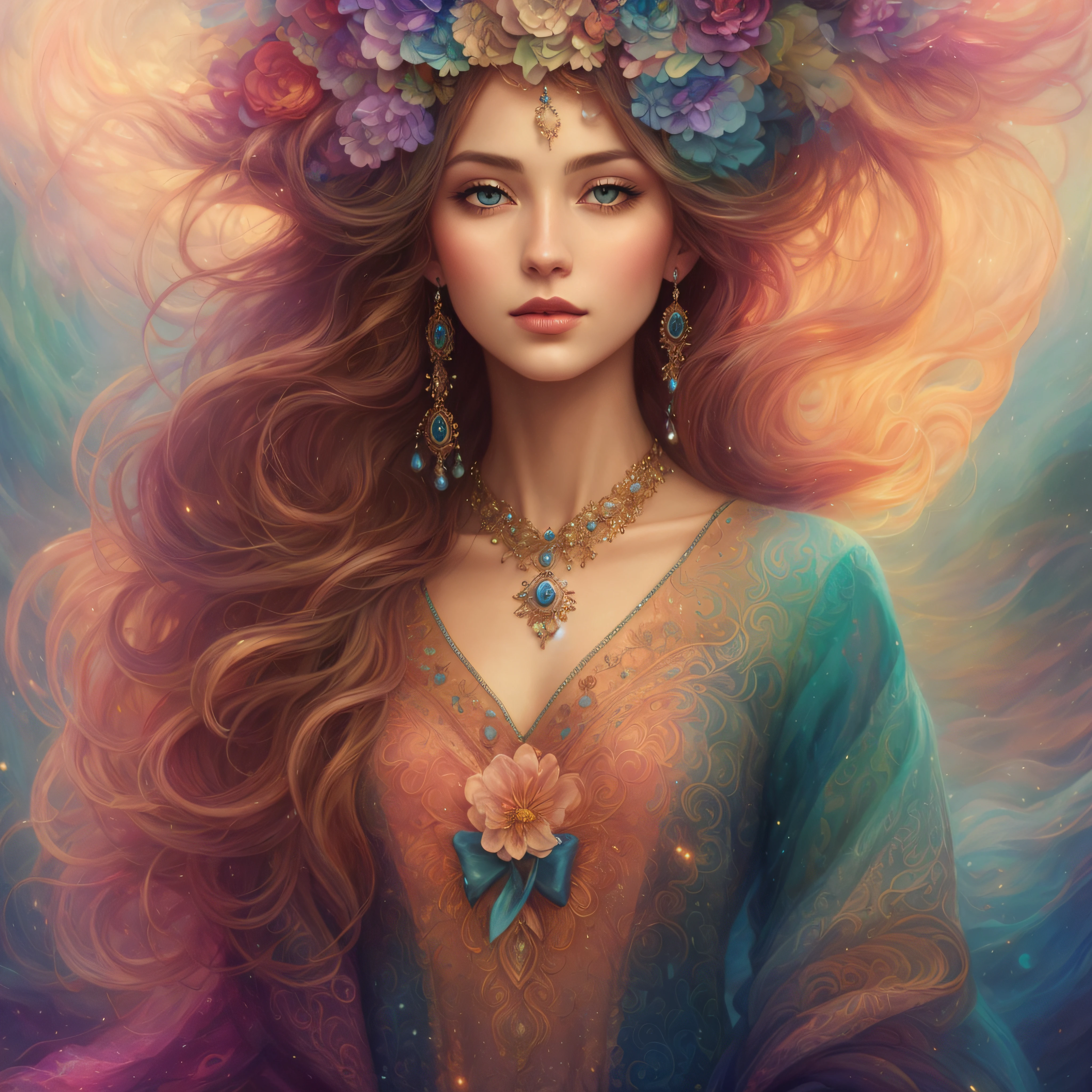 elegant lady, anna dittman style female holding a violin, full lips, wavy very long white-blonde hair, hair spread out and blown by wind, long eyelashes, half body length, fantasy character art portrait, a masterpiece, wearing see-through colored silky dress with multi colored fractal tones, Josephine Wall, 8k, dynamic lighting, hyperdetailed Splash art, triadic colors, volumetric lighting,perfect fingers, bow in hand, hair blown up by strong wind, well-drawn, hyperrealistic, hyperdetailed
