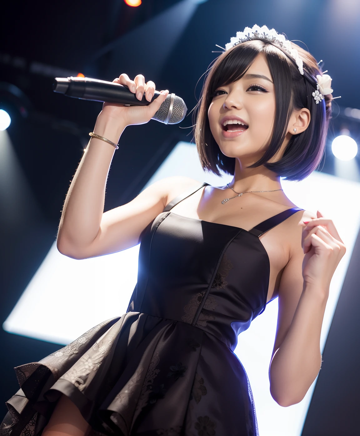 Detailed skin bob hair with one girl babyface maid and Japan idol singing photorealistically on stage in Japan fantastic real dress