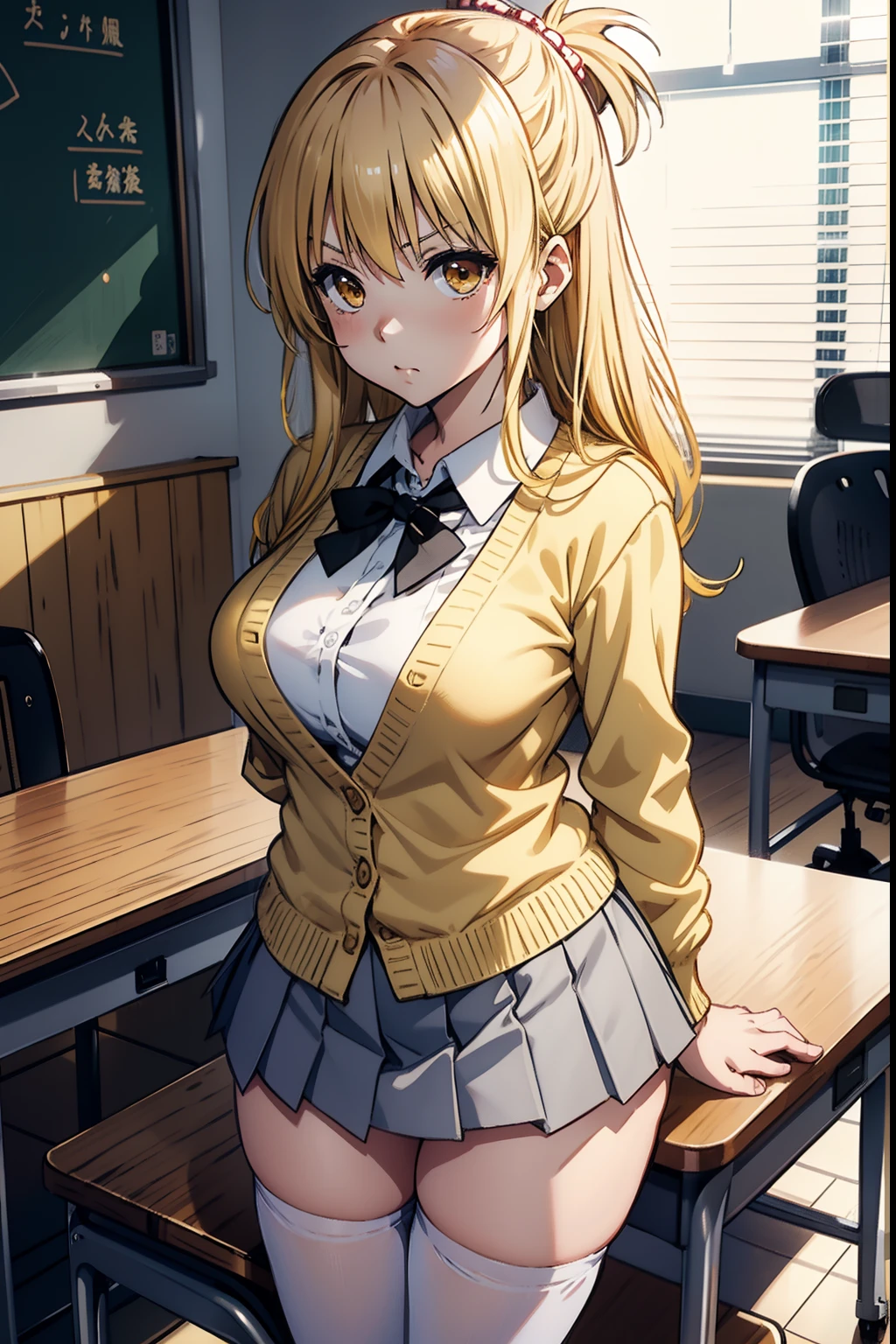 Yukimikan、Yellow hair、Colossal tits、angry looking face、White cardigan、Gingham Check　Beige pleated skirt、White fishnet stockings、Black loafers、A slender、Put your hands on the desk　sticking out the buttocks、School staff room