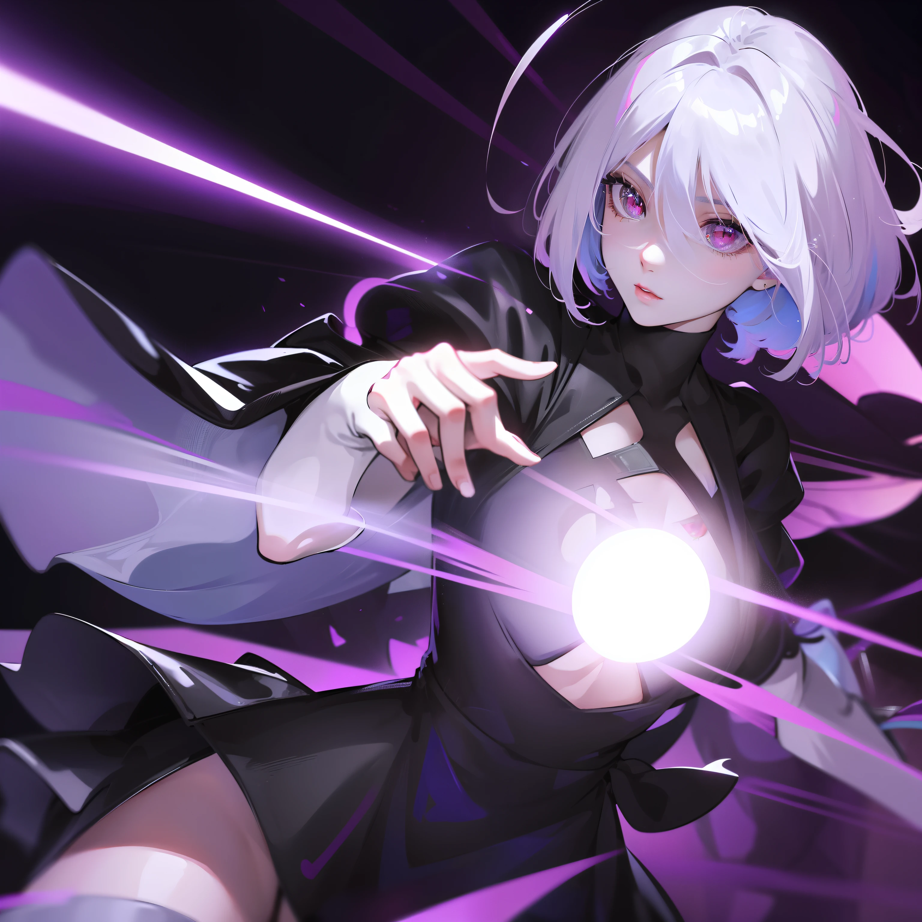 Yorha 2b, (best quality,highres),purple lightning between fingers,purple magic emission,purple sphere,shooting magic,hovering in the blue sky, translucent appearance, mystical atmosphere, vibrant colors, ethereal glow, mesmerizing energy, vibrant purple hues, dynamic movement. Red eyes, white hair