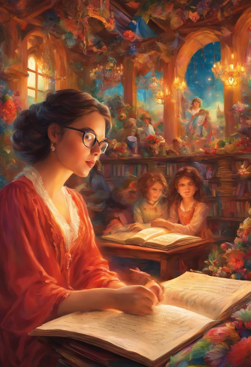 Quality first,masterpiece in detail,Middle-aged woman wearing glasses,Be a teacher,sportrait,closeup cleavage,and five cute kids reading a book,in class room,fresh flowers,Rich in color