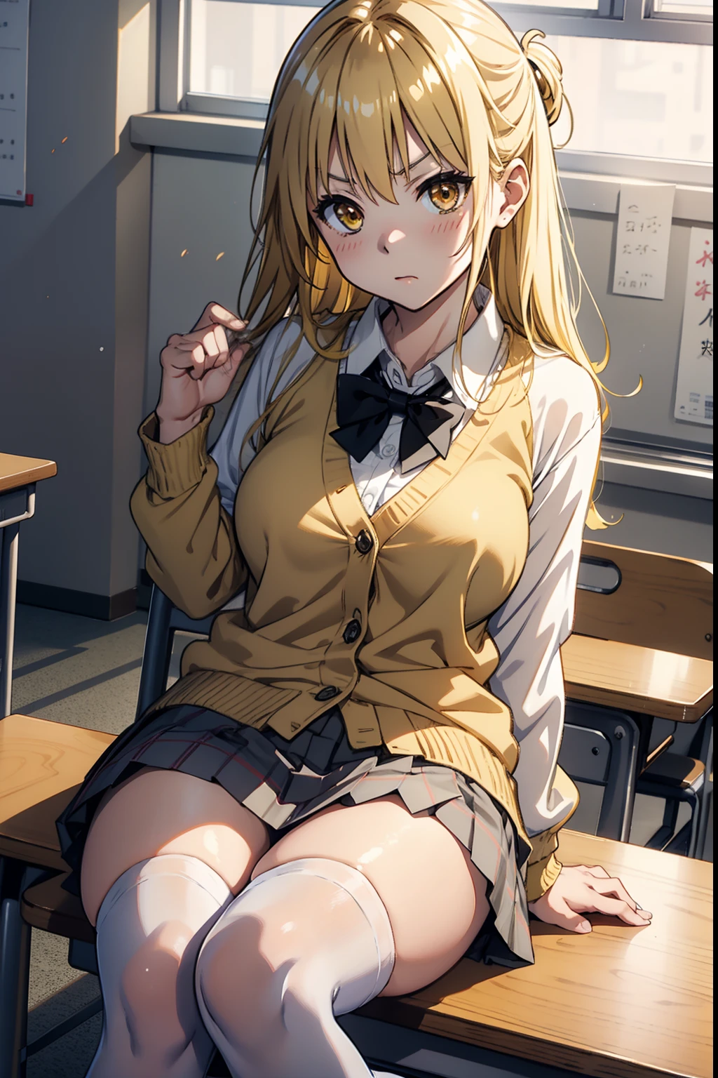 Yukimikan、Yellow hair、Colossal tits、angry looking face、White cardigan、Gingham Check　Beige pleated skirt、White fishnet stockings、Black loafers、A slender、Put your hands on the desk　sticking out the buttocks、School staff room