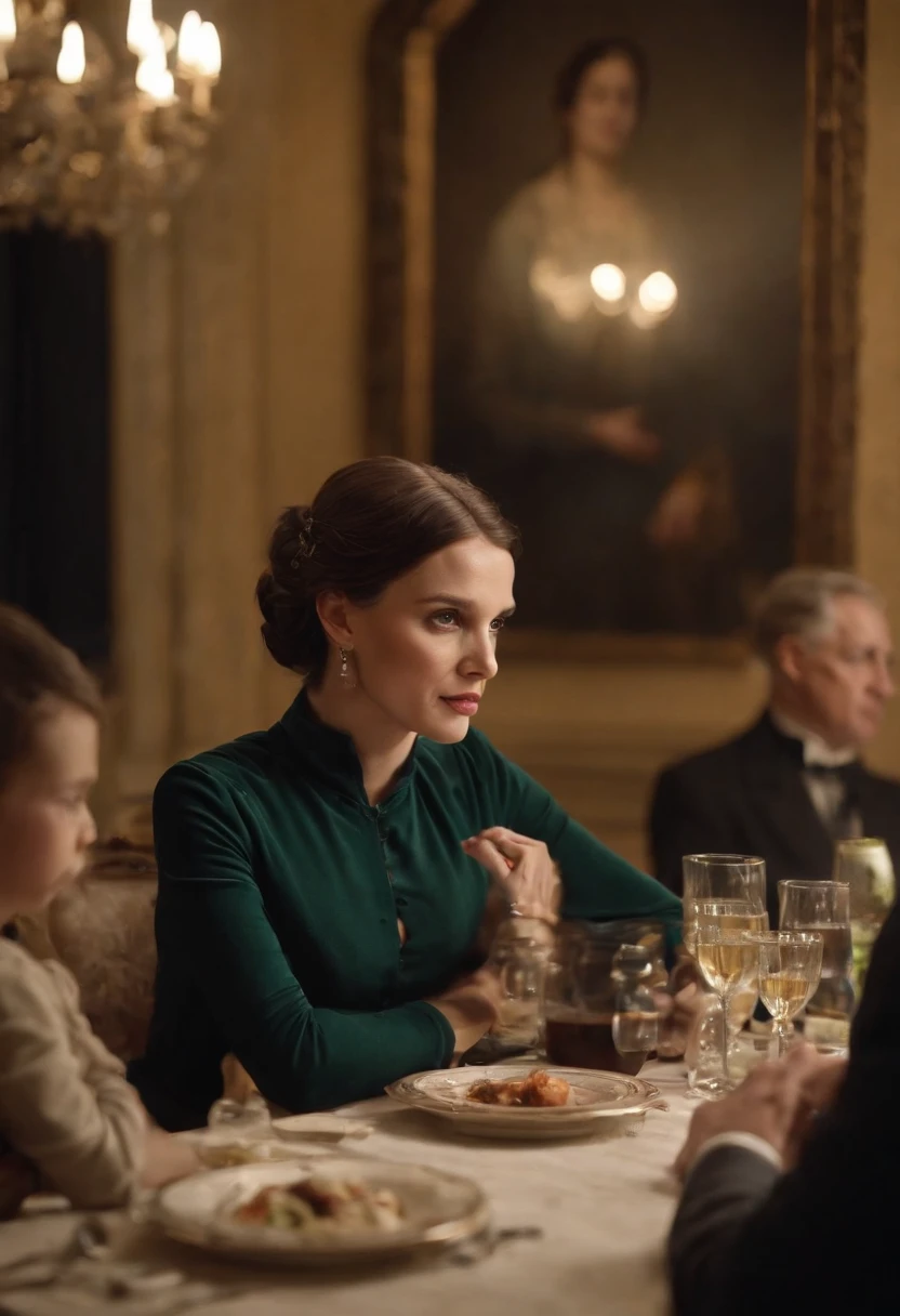 a woman standing with a glass of poison in her hand, behind her is her family sitting at a large table the background image of the family is blurry the woman is facing and when her family is at the back of the image, great quality perfection in extraordinary detail masterpiece