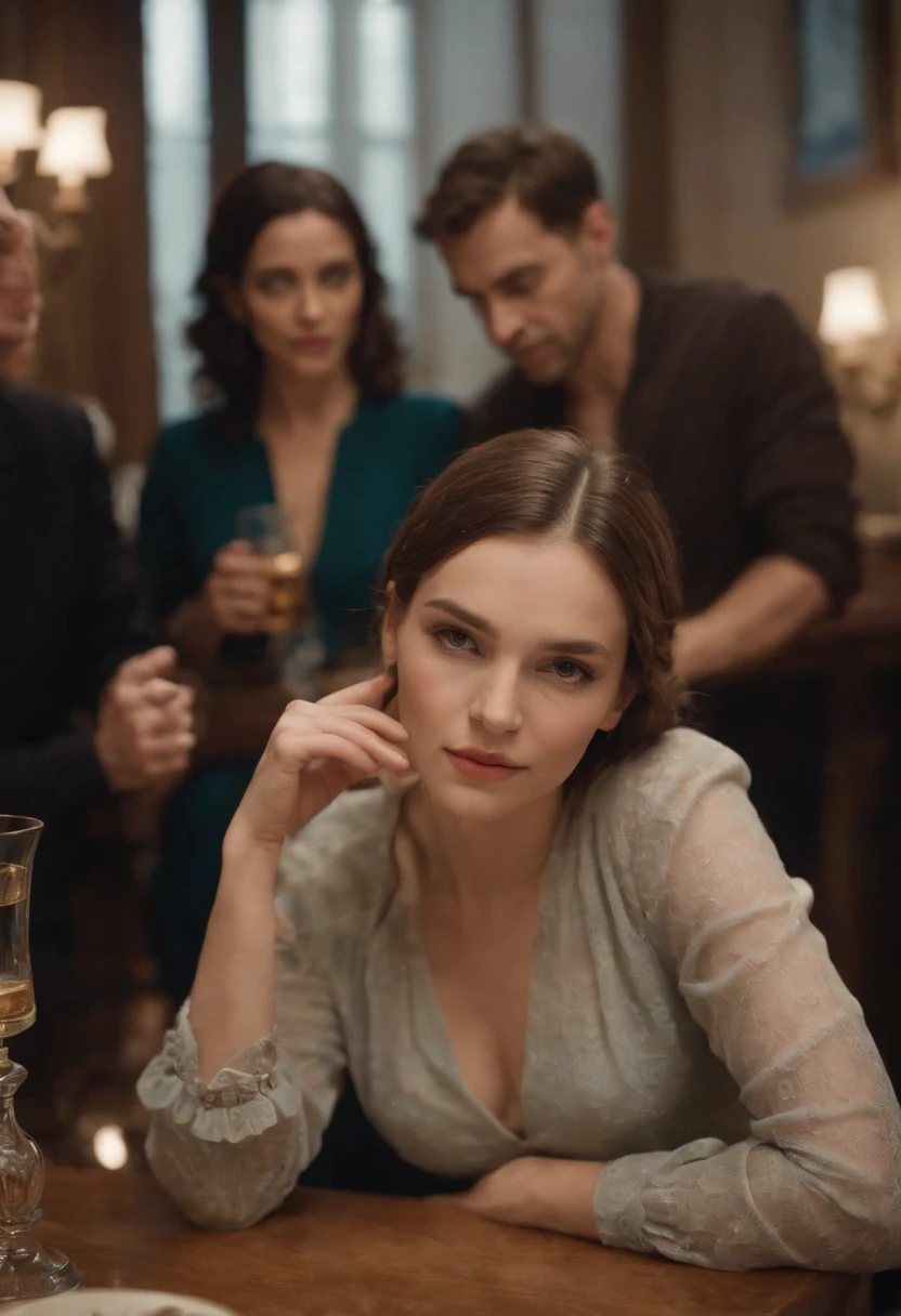 a woman standing with a glass of poison in her hand, behind her is her family sitting at a large table the background image of the family is blurry the woman is facing and when her family is at the back of the image, great quality perfection in extraordinary detail masterpiece